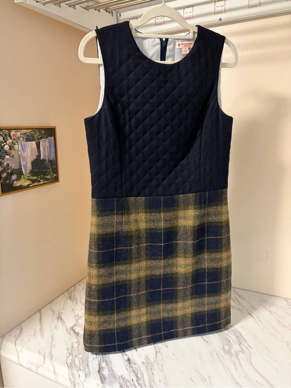 Brooks Brothers Red Fleece Quilted Plaid Wool Blend Shift Dress Size 4